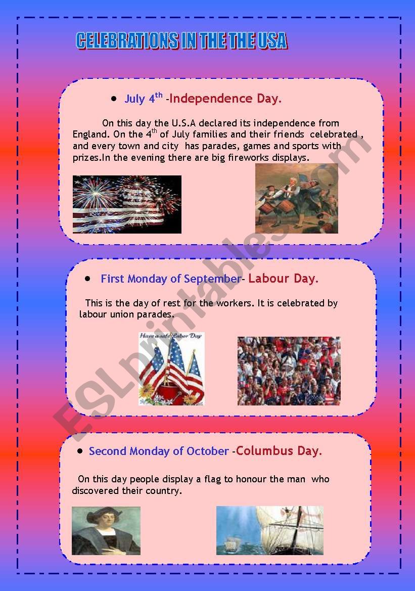 CELEBRATIONS IN THE USA worksheet