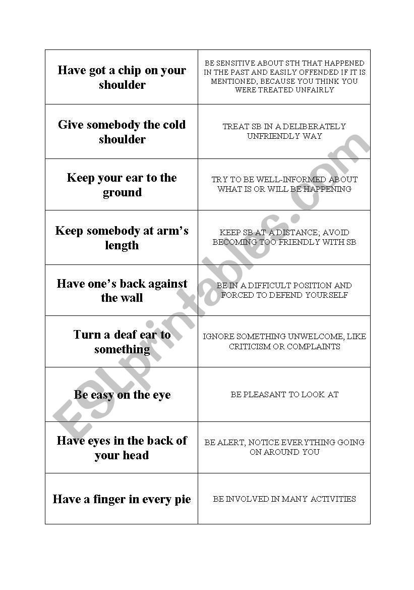 Body idioms worksheet