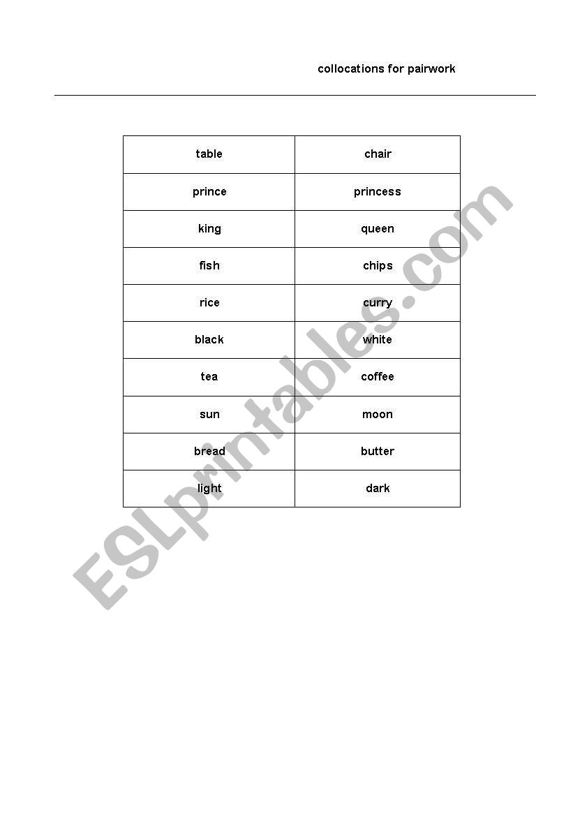 Collocations for pairwork worksheet