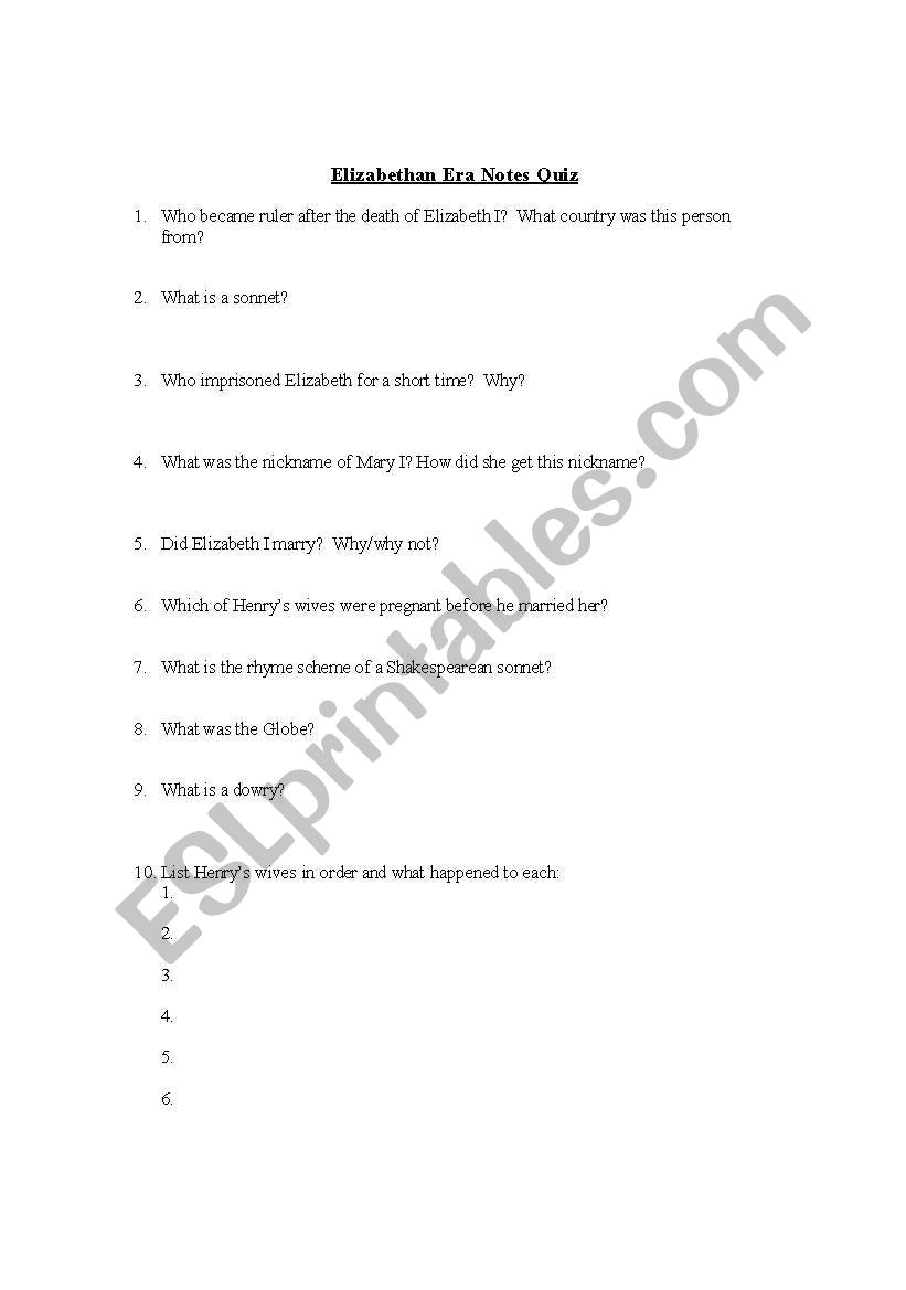 Basics of the Elizabethan Era Quiz