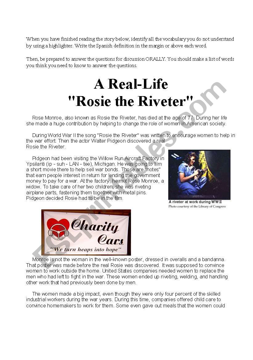 Rosie the Riveter worksheet