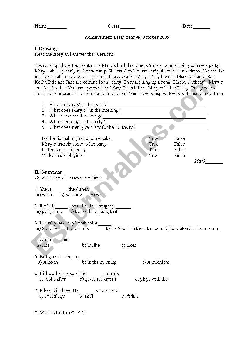 Reading,grammar,writing worksheet