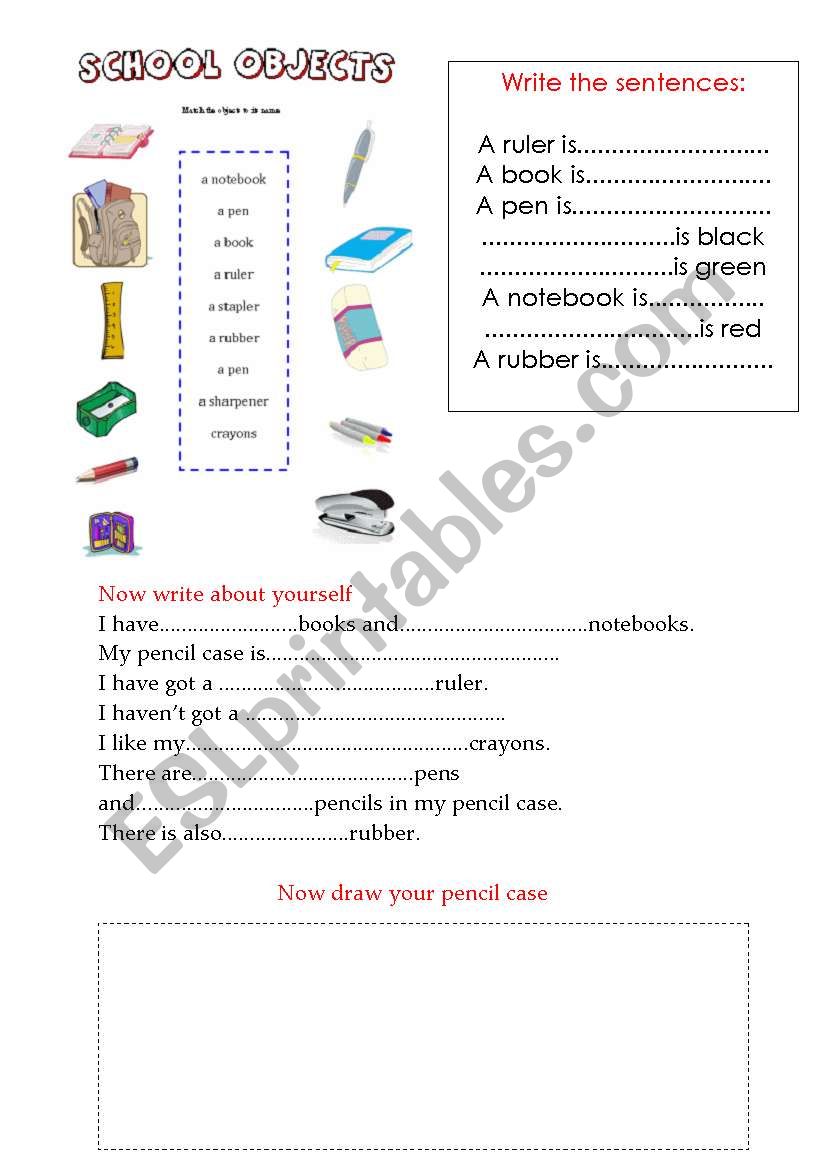 Writing about school objects worksheet