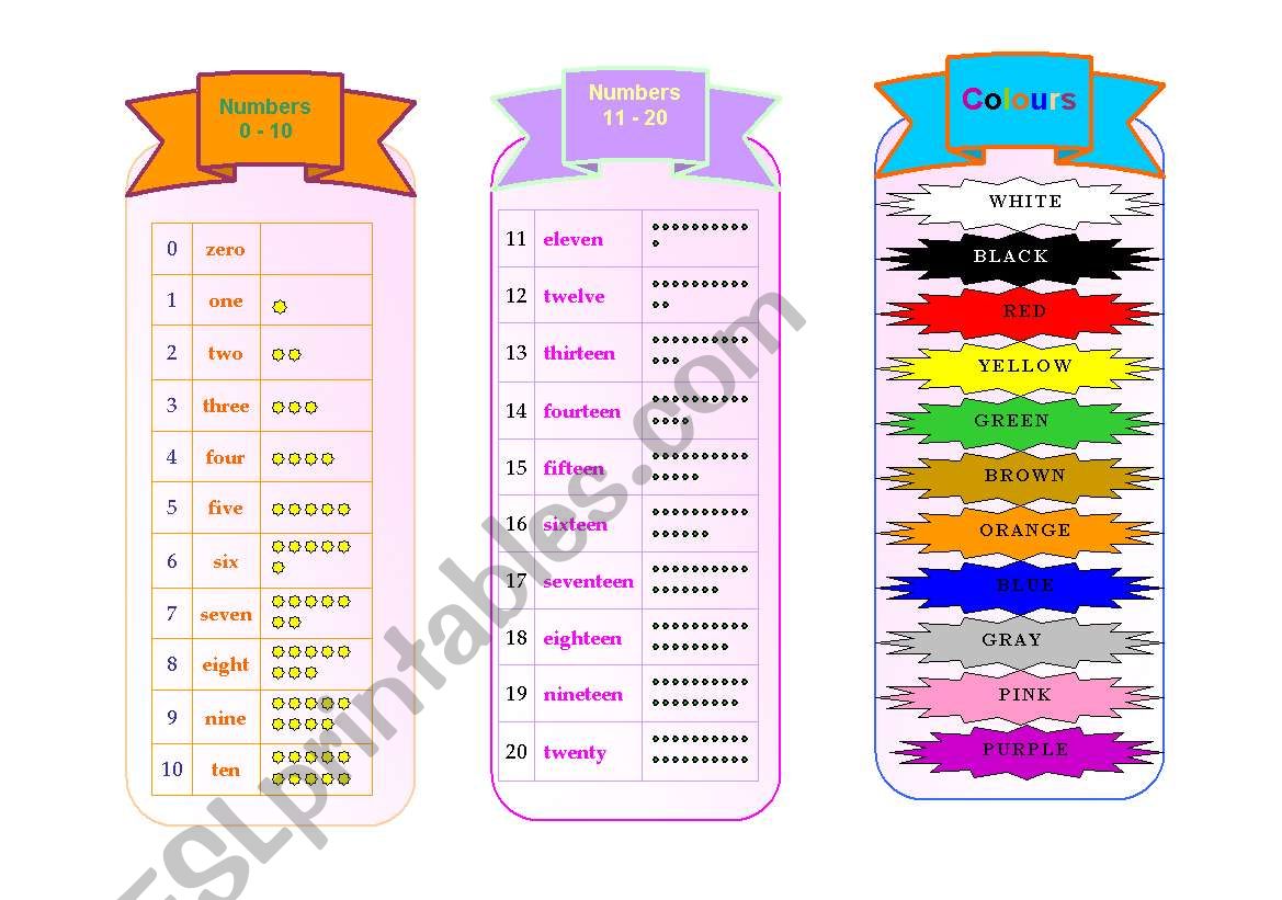 Bookmarks (numbers, colours) worksheet