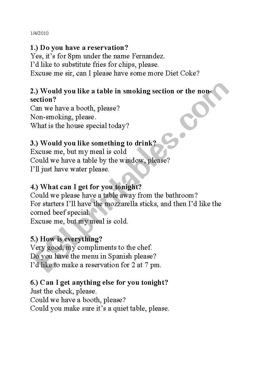 restaurant quiz worksheet