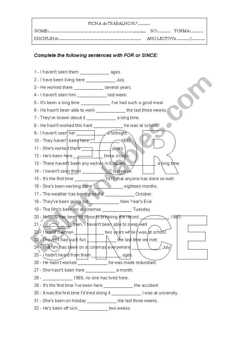 for and since worksheet