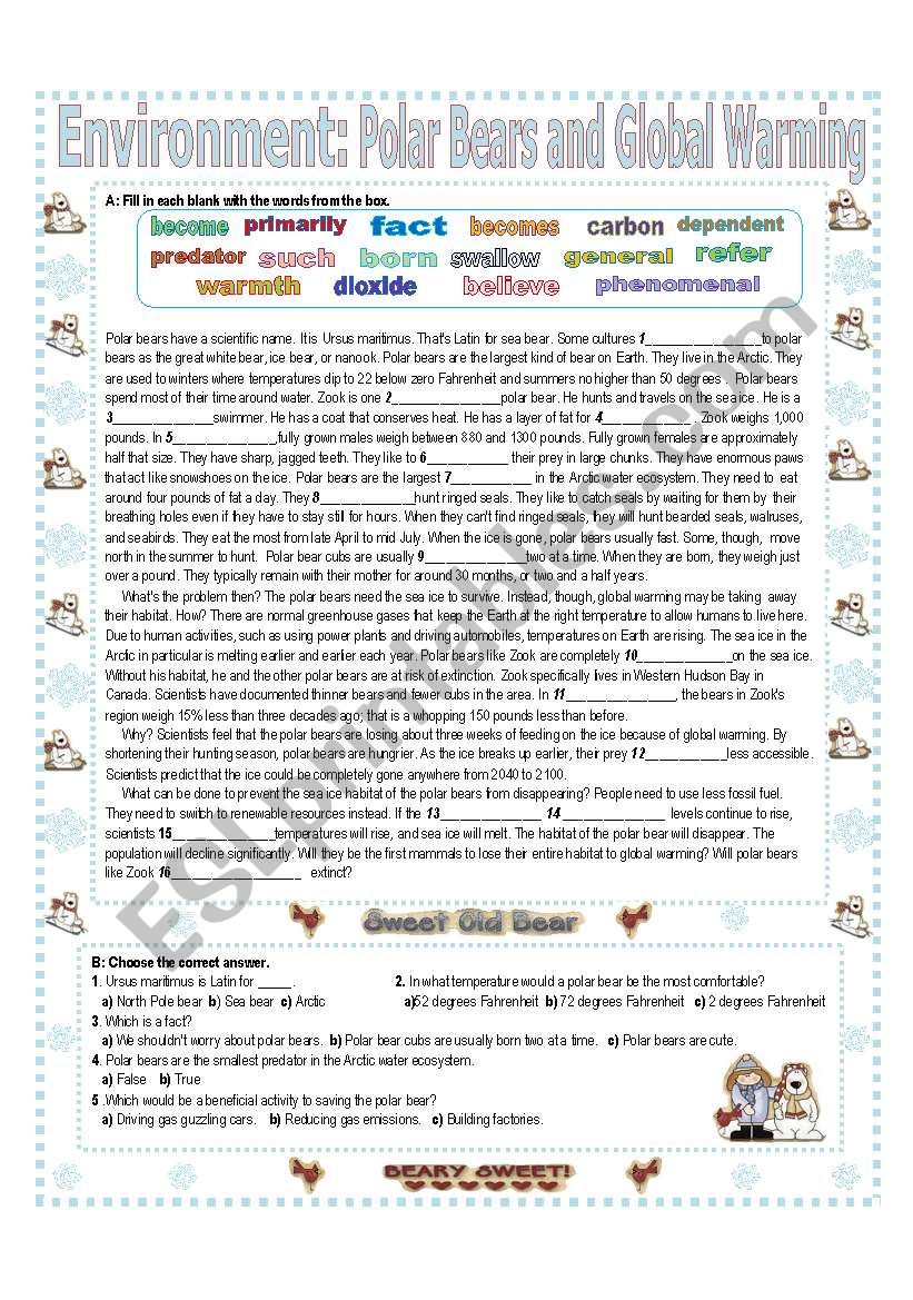 ENVIRONMENT (2/2)  Polar Bears and Global Warming   Reading + Activities with Answer Key - Upper Elementary/Lower Intermediate