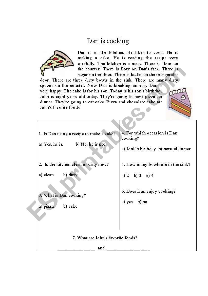 Reading Cooking worksheet