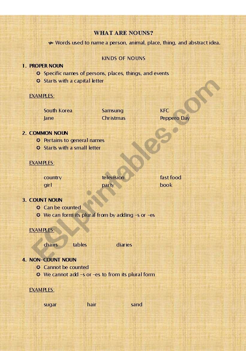 KINDS OF NOUNS worksheet