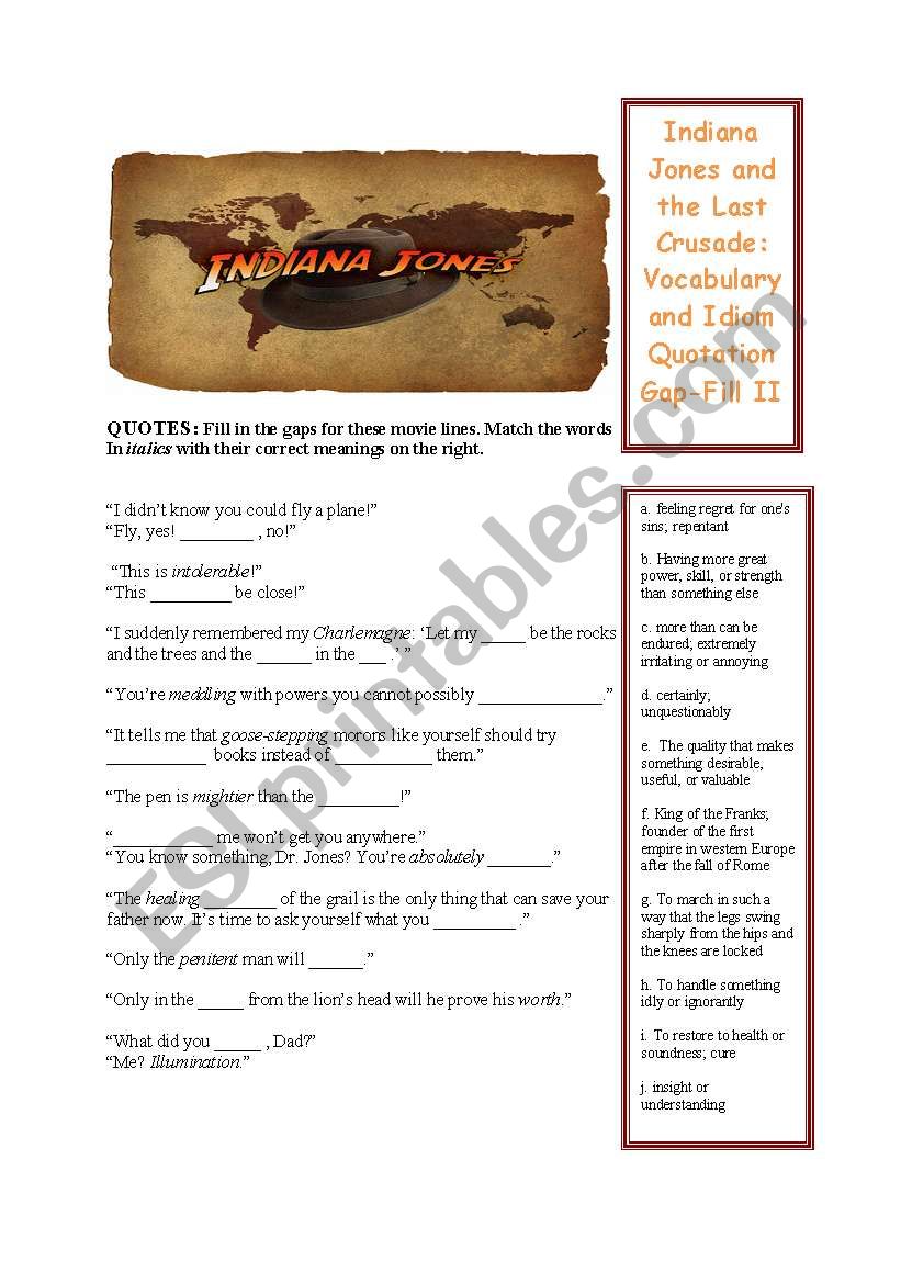 Indiana Jones Gap Fill and Vocab sheet for Part III