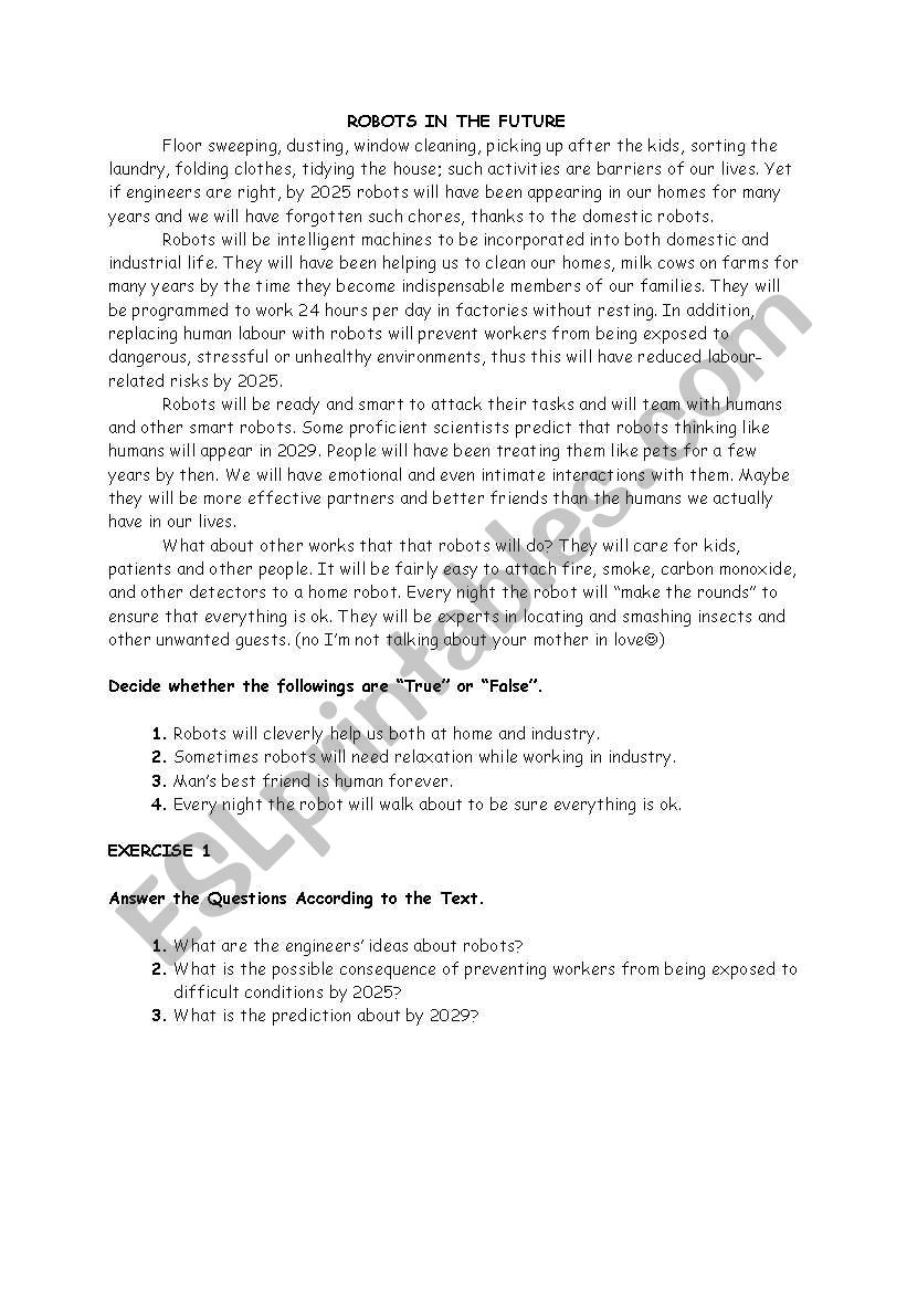 Robots in the future worksheet
