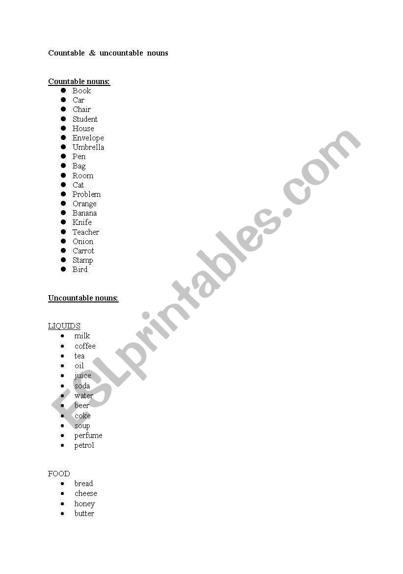 countable & uncountable nouns list