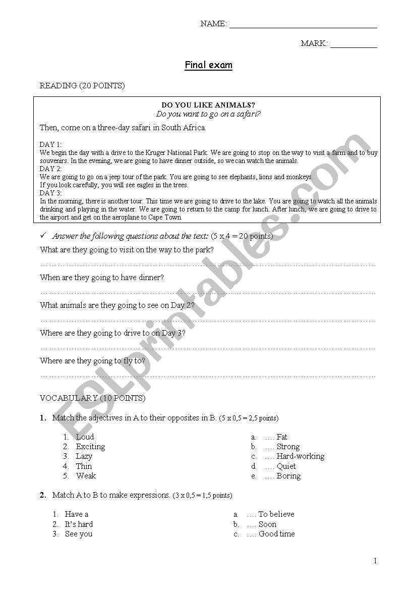 Final Exam for students of 14 worksheet