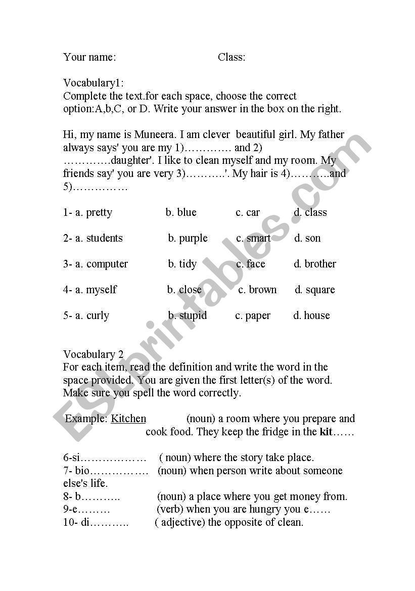 vocabulary test worksheet