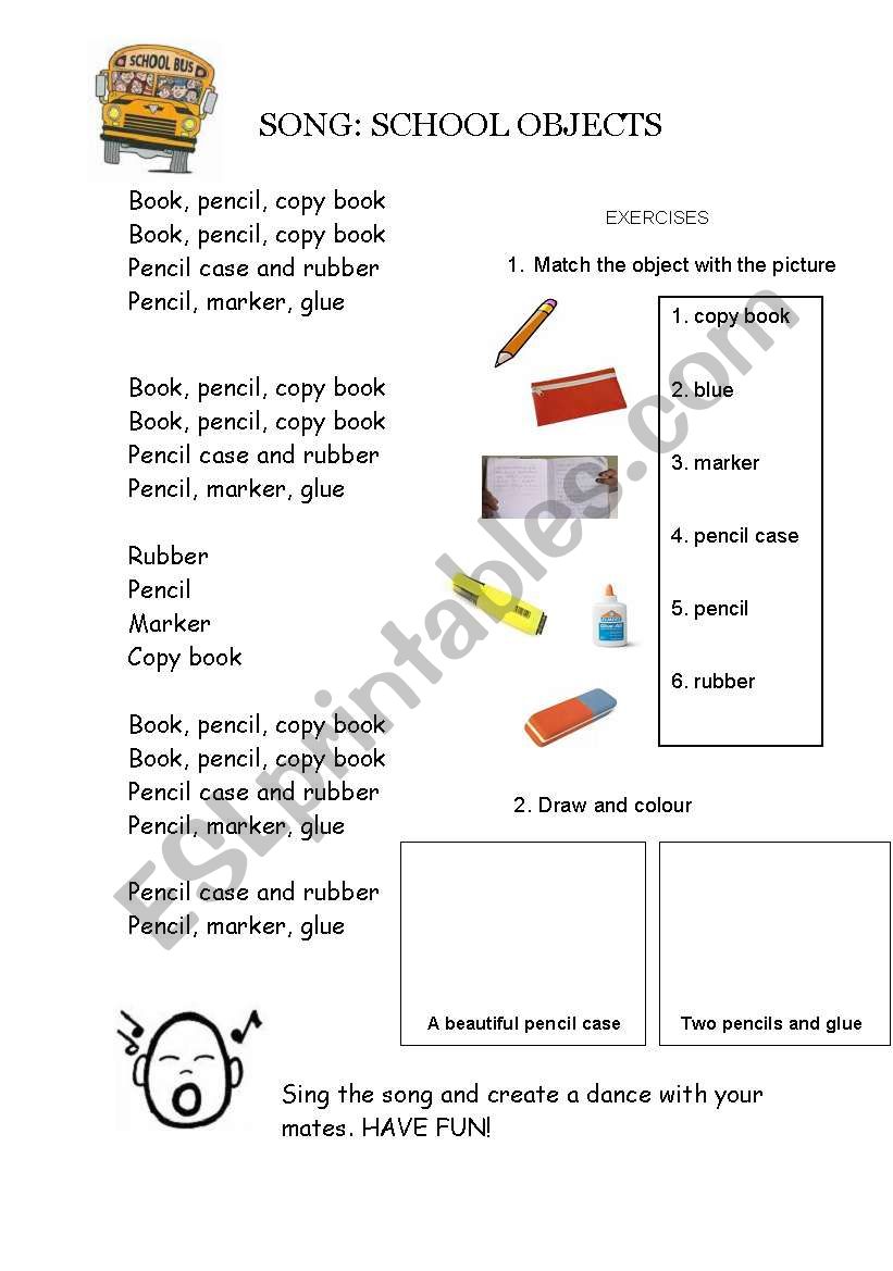 Song: School objects worksheet