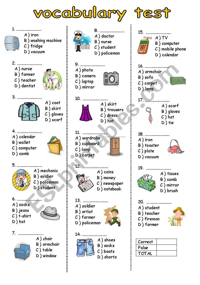 vocabulary test for elementary