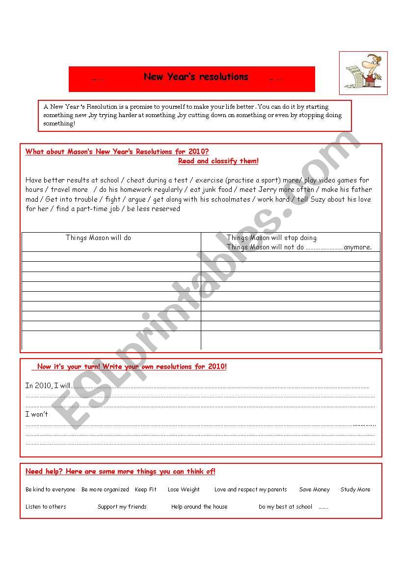 New years resolution worksheet