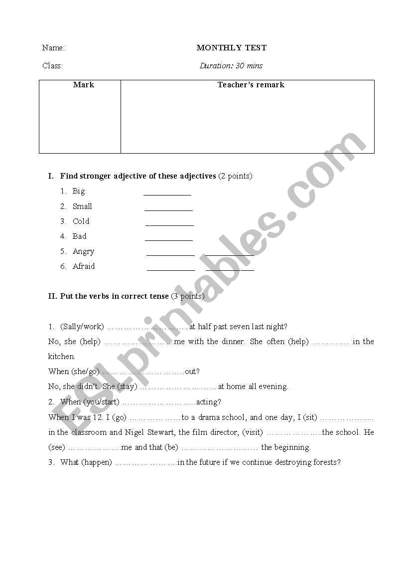 monthly test worksheet