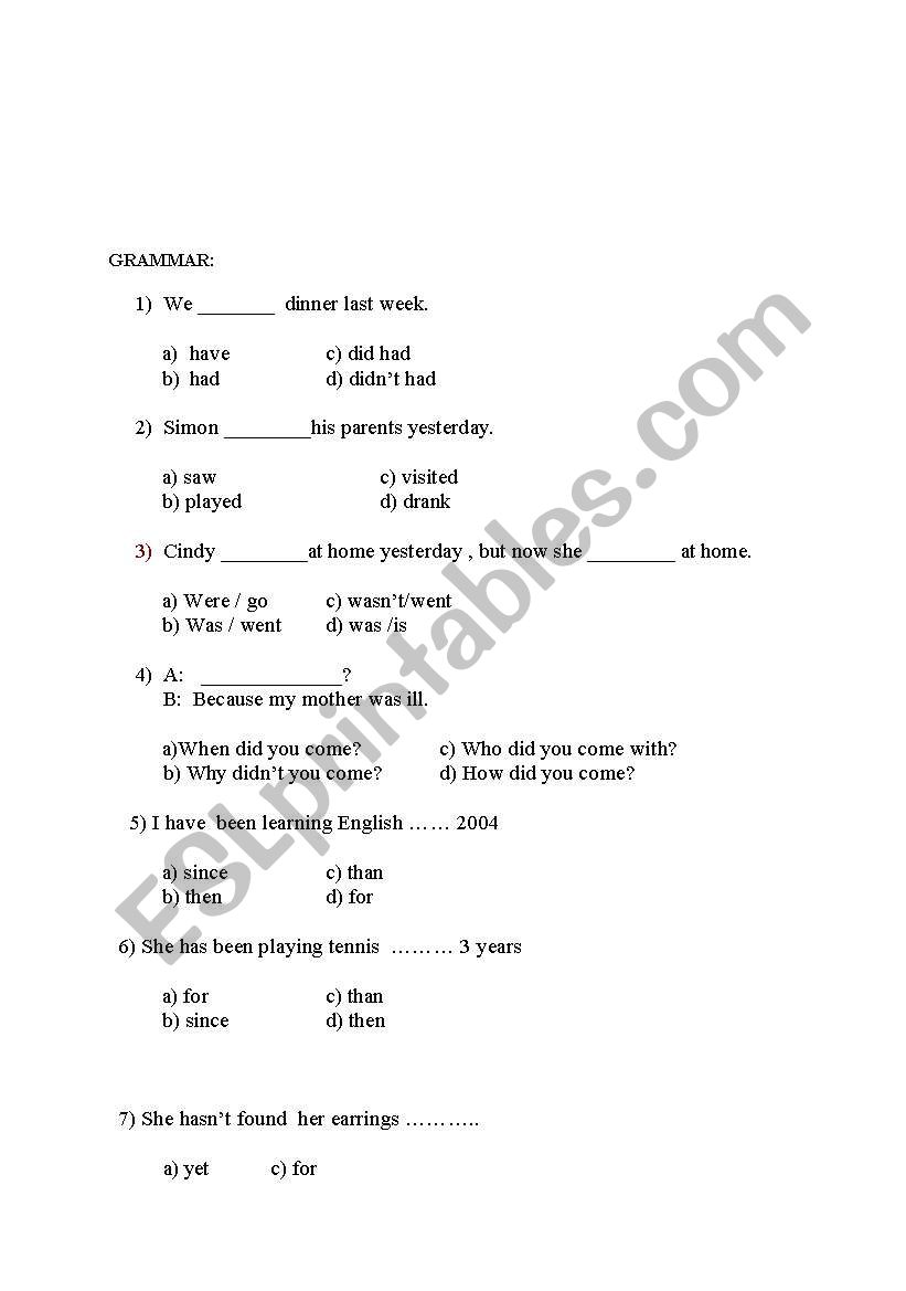 exam worksheet