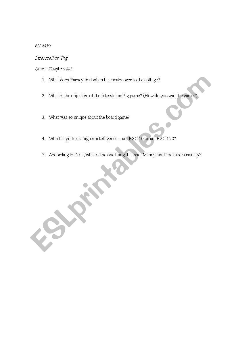 Interstellar Pig quiz chapters 4-5