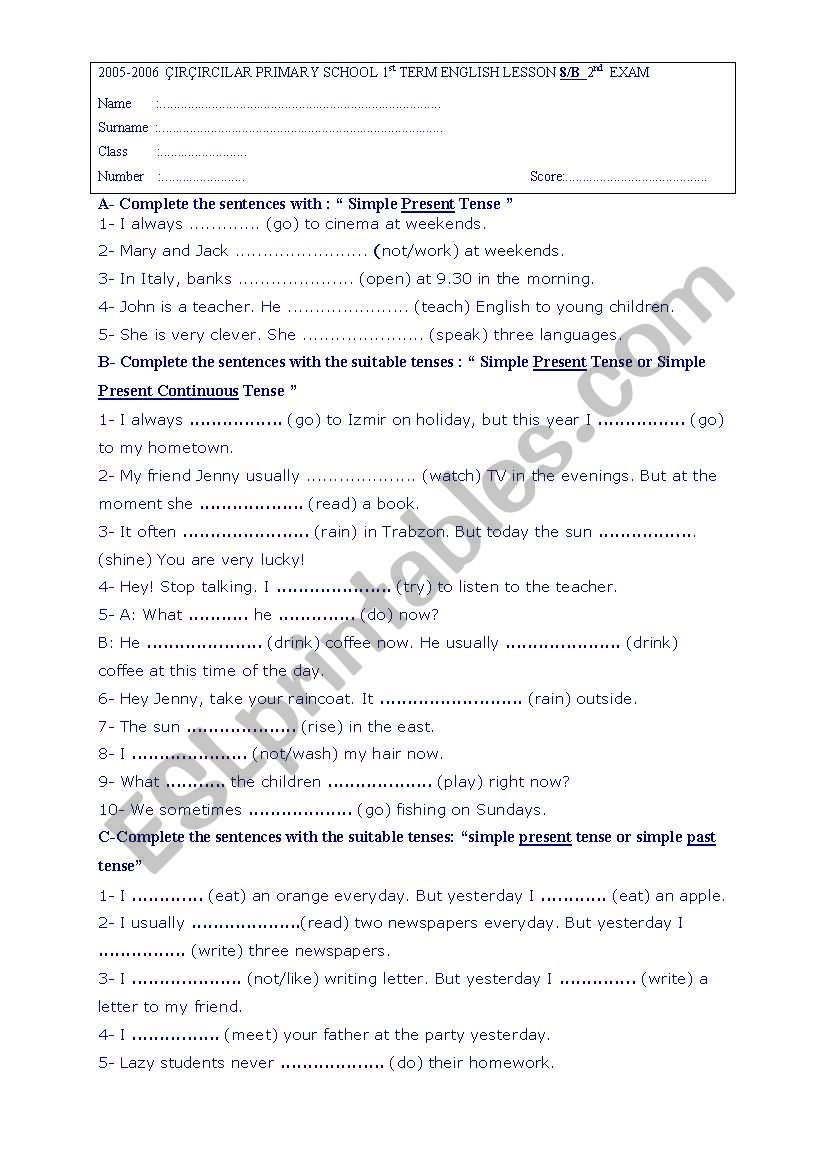 exam worksheet