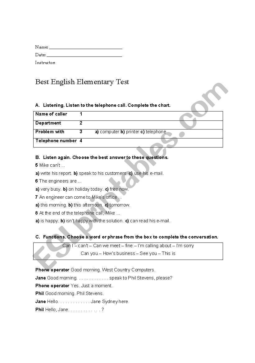 Elementary Test worksheet