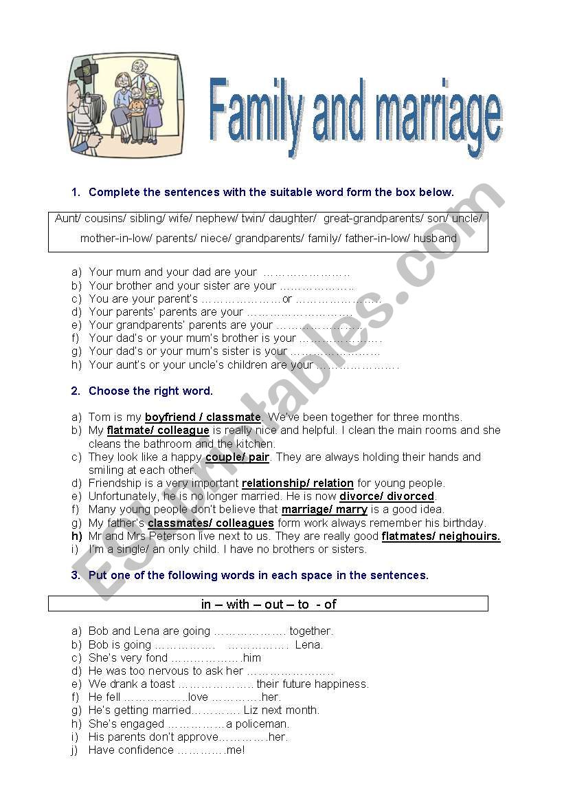 family and marriage worksheet