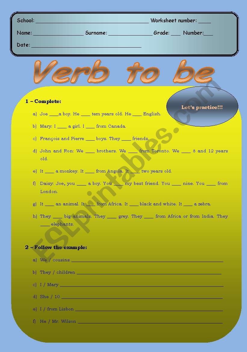 Verb to be - 2 pages worksheet