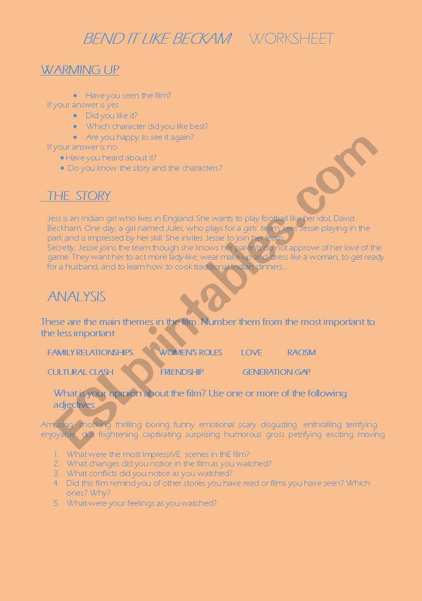 BEND IT LIKE BECKAM worksheet