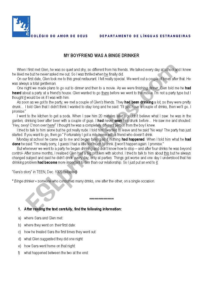 Binge drinking worksheet