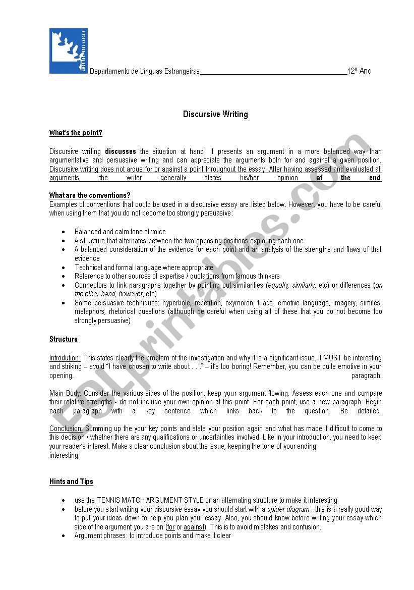 Discursive writing worksheet