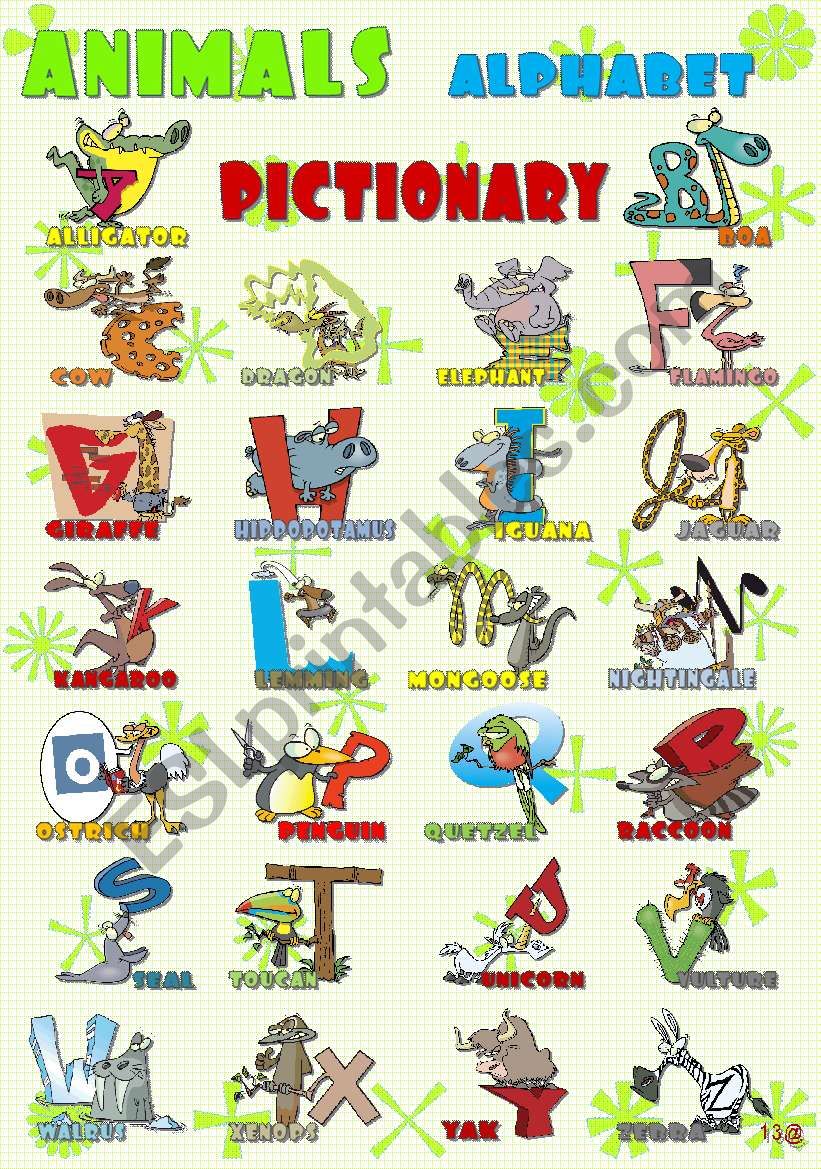 ANIMALS ALPHABET pictionary worksheet
