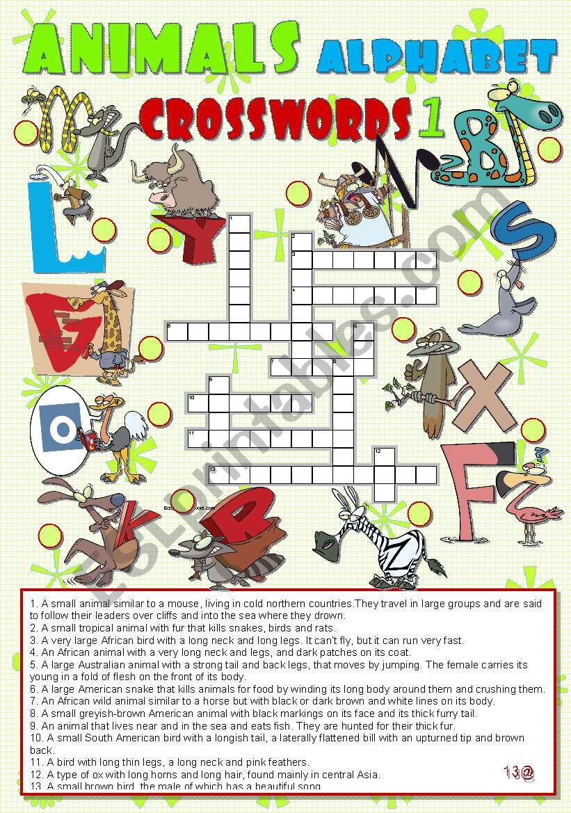 ANIMALS ALPHABET crosswords 1 worksheet