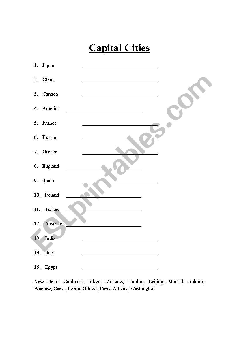 Capital Cities worksheet