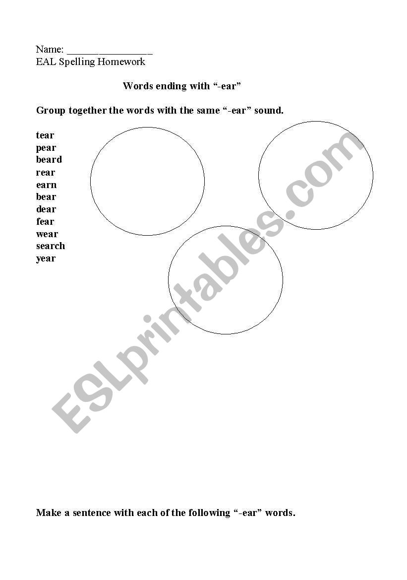 Words ending with -ear. worksheet