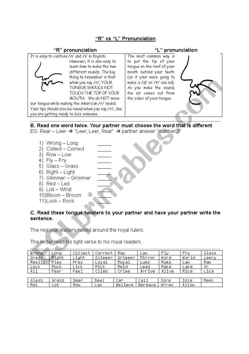 r/l pronunciation activity sheet