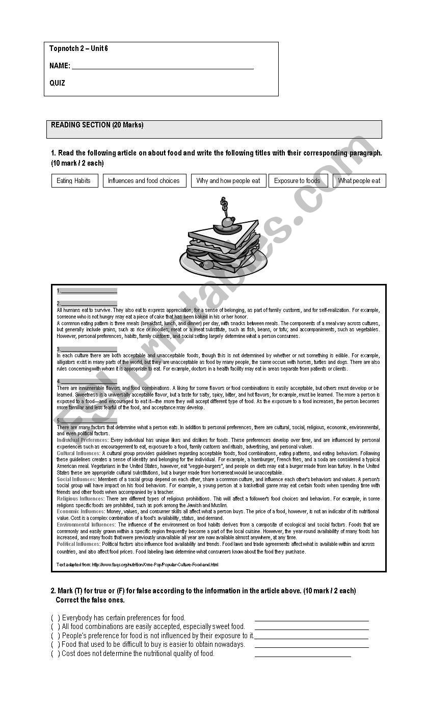 Topnotch 2 - Unit 6 Quiz - (answer key)