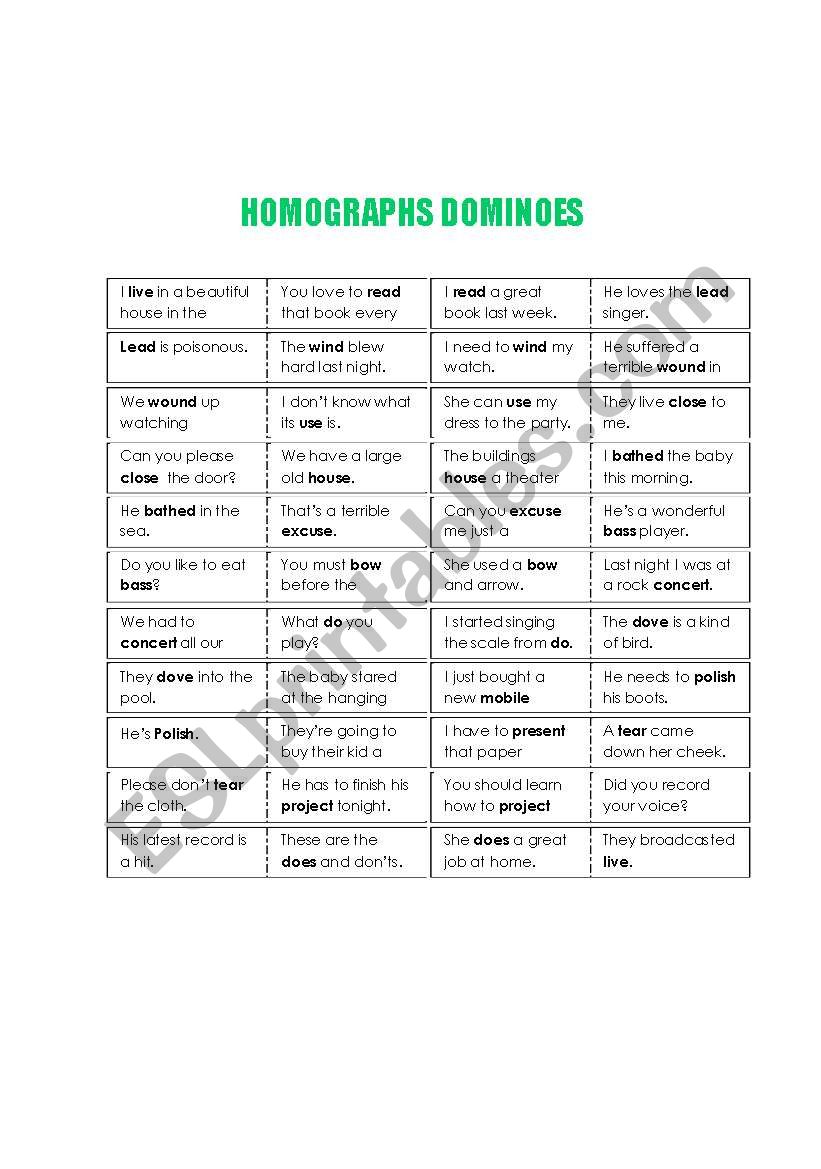 Homographs dominoes worksheet