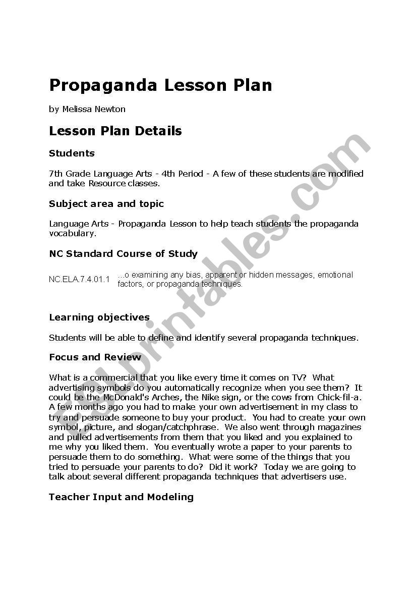 Propaganda Lesson Plan worksheet