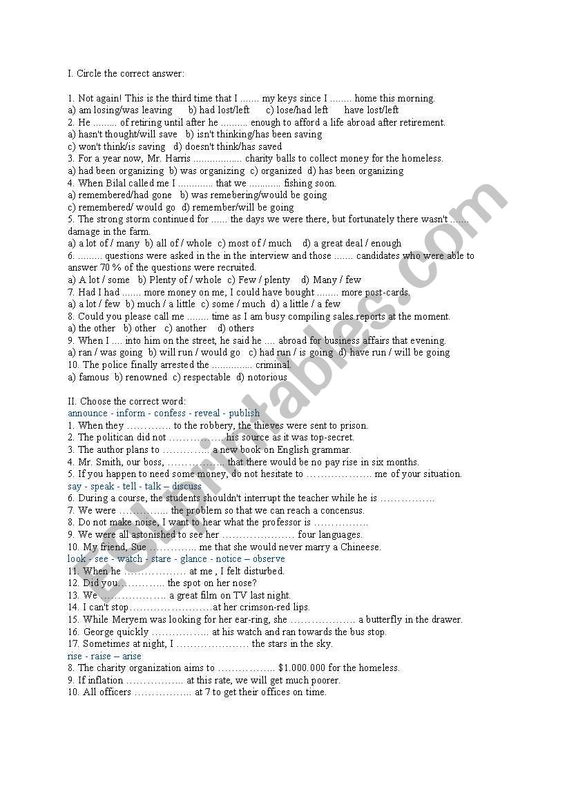 Multiple choice worksheet