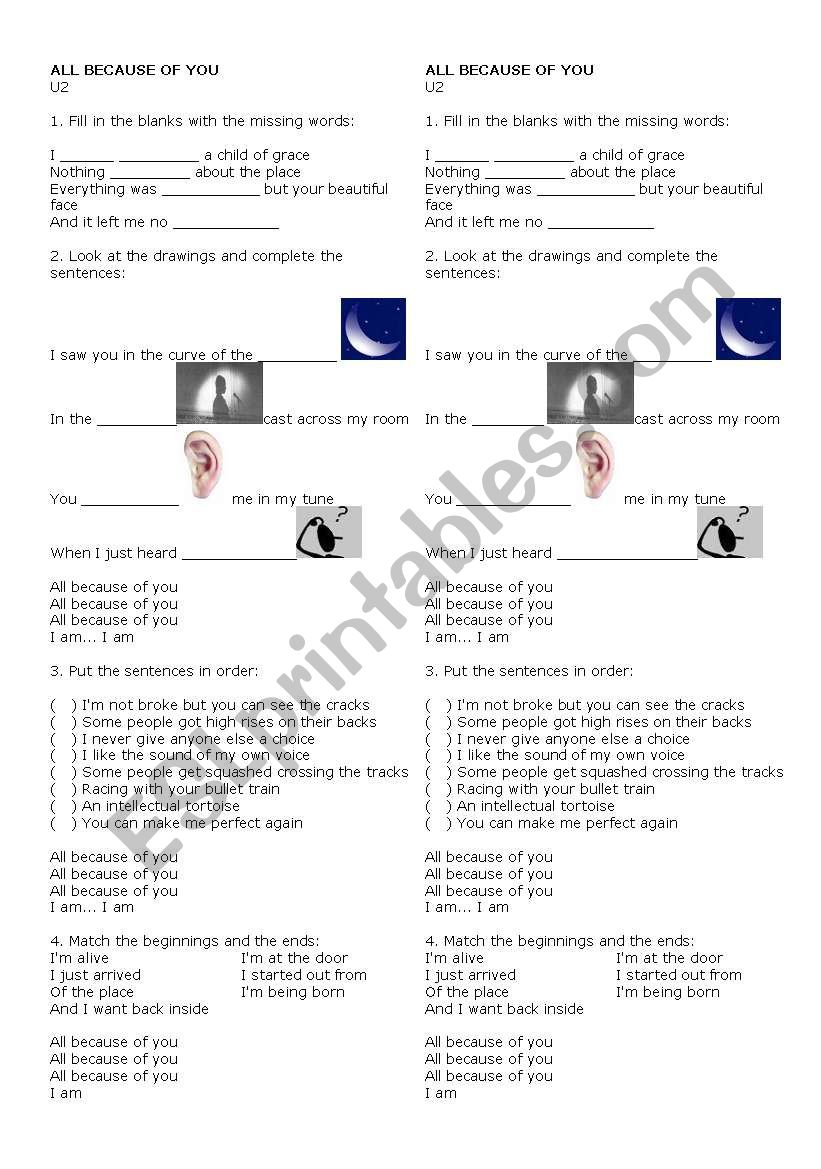 U2 song - All Because of You worksheet