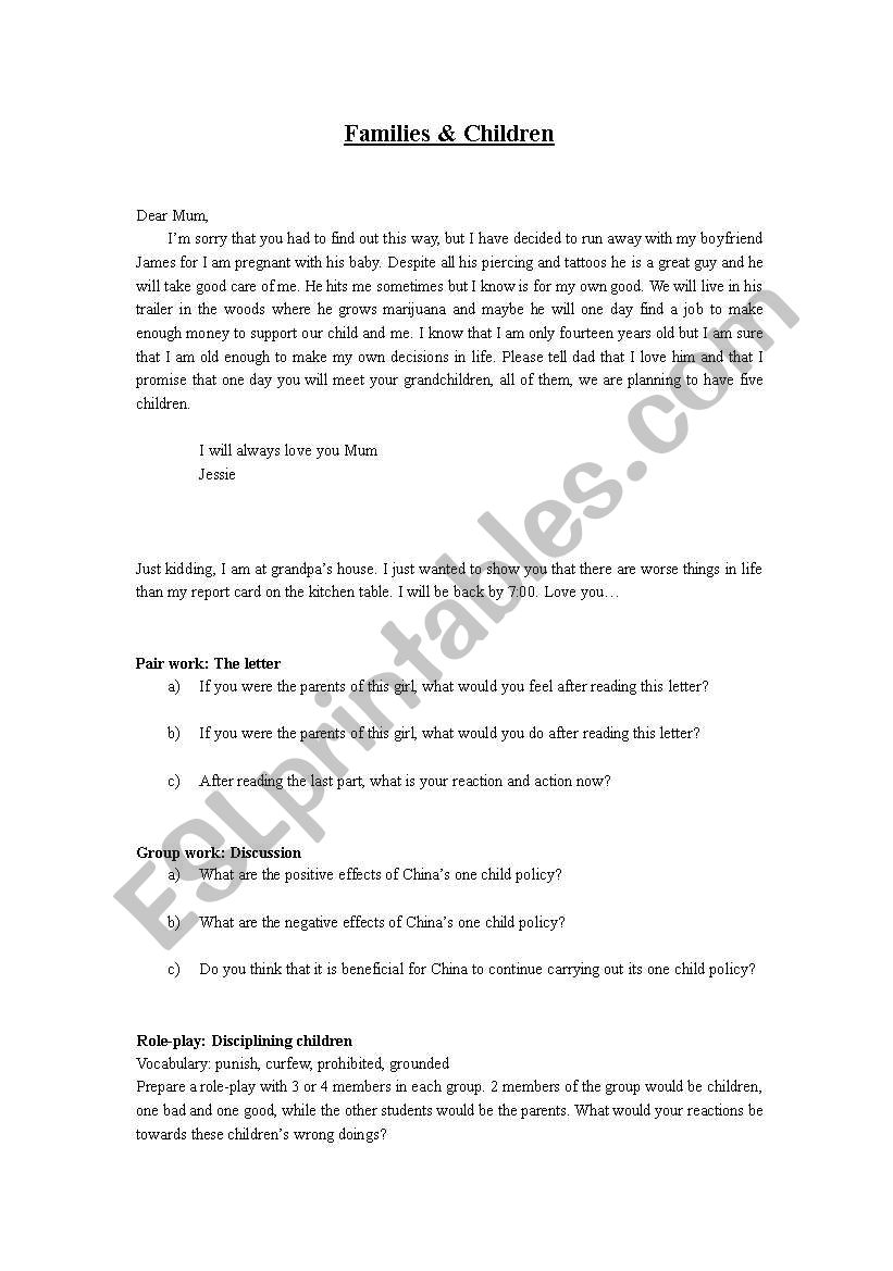 Family & Childrens worksheet