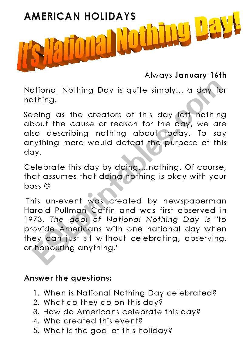 National Nothing Day worksheet