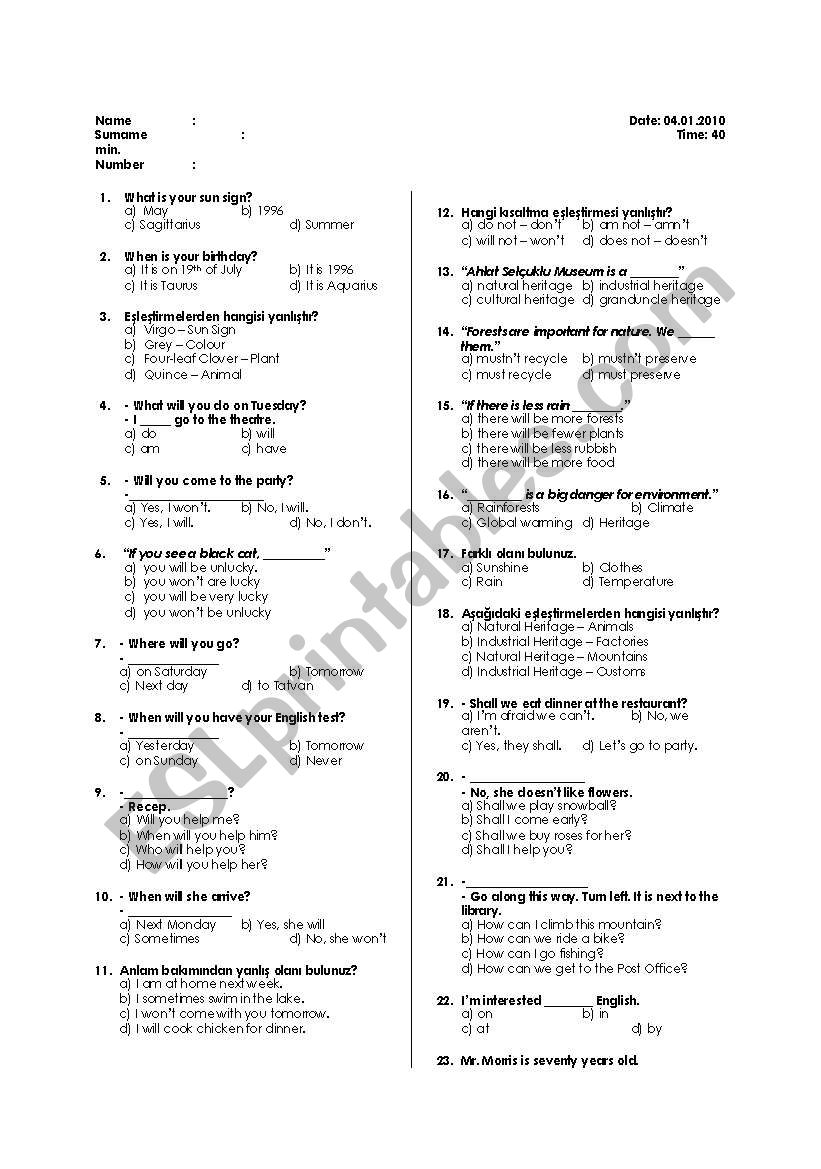 test worksheet