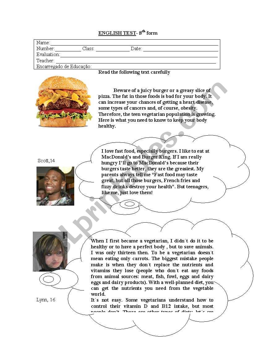 test on fast food worksheet