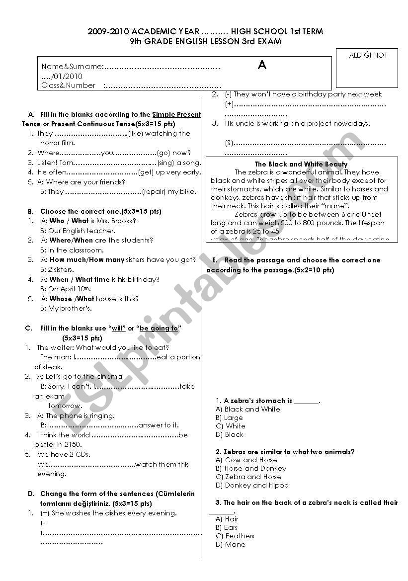 9th grade 3rd exam worksheet