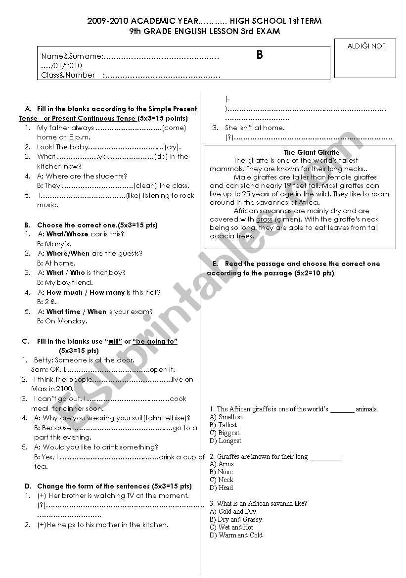 9th grade 3rd exam B worksheet