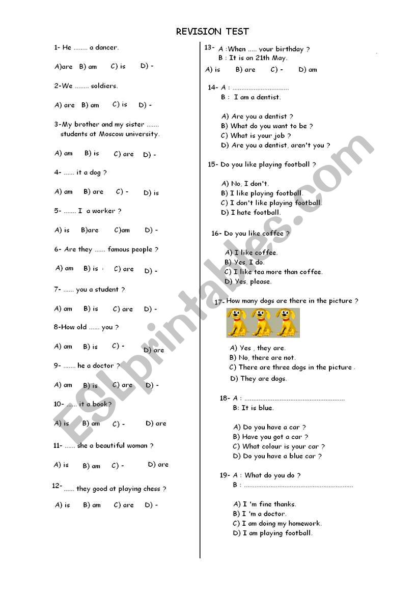 revision test elementary level for 6th class turkish students