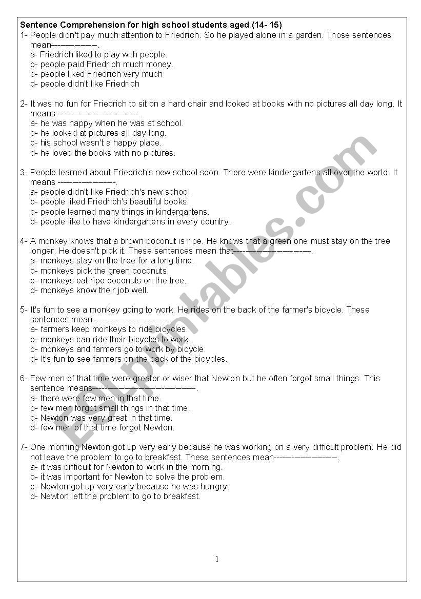 Sentence Comprehension worksheet