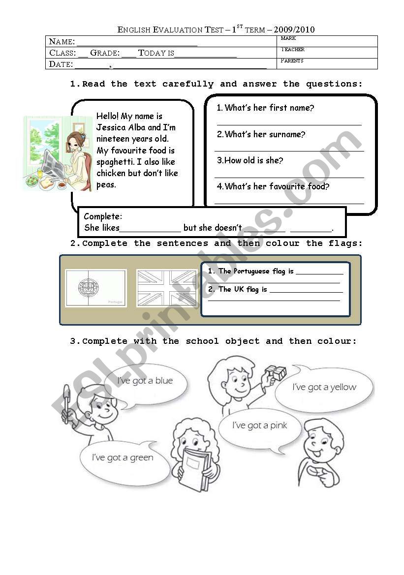 4th grade Evaluation (part1) worksheet